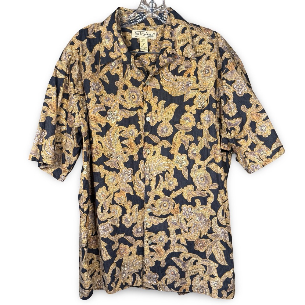 Tori Richard Mens Medium Black Gold Batik Floral Silk Cotton Hawaiian Shirt